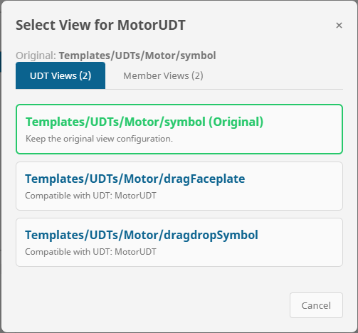 The dialog shows compatible views organized by UDT-level and member-level compatibility